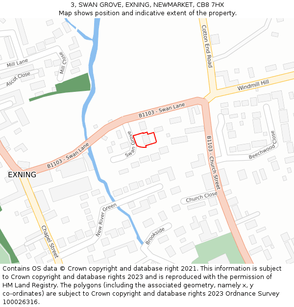3, SWAN GROVE, EXNING, NEWMARKET, CB8 7HX: Location map and indicative extent of plot