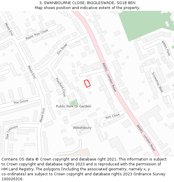 3, SWANBOURNE CLOSE, BIGGLESWADE, SG18 8EN: Location map and indicative extent of plot