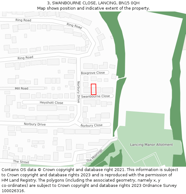 3, SWANBOURNE CLOSE, LANCING, BN15 0QH: Location map and indicative extent of plot
