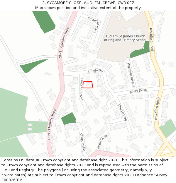 3, SYCAMORE CLOSE, AUDLEM, CREWE, CW3 0EZ: Location map and indicative extent of plot