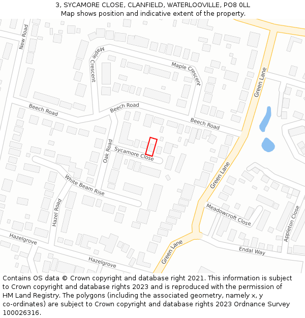 3, SYCAMORE CLOSE, CLANFIELD, WATERLOOVILLE, PO8 0LL: Location map and indicative extent of plot