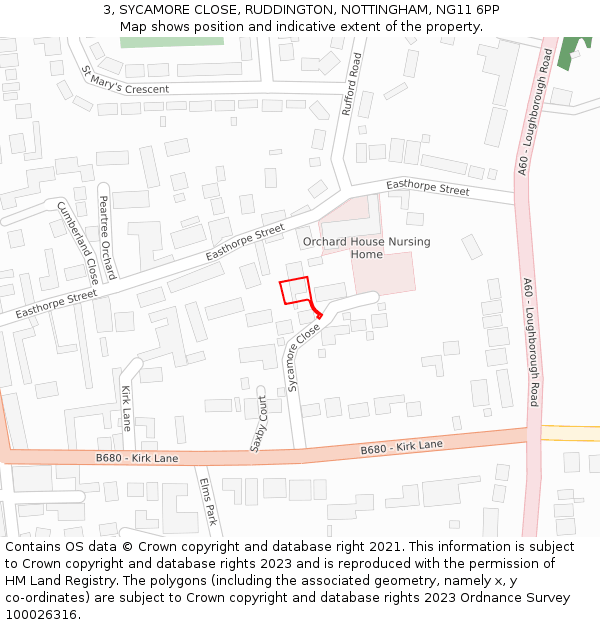 3, SYCAMORE CLOSE, RUDDINGTON, NOTTINGHAM, NG11 6PP: Location map and indicative extent of plot