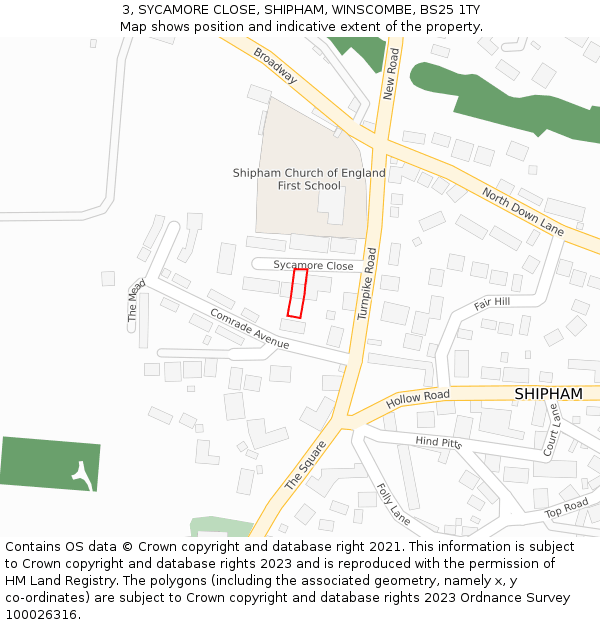 3, SYCAMORE CLOSE, SHIPHAM, WINSCOMBE, BS25 1TY: Location map and indicative extent of plot