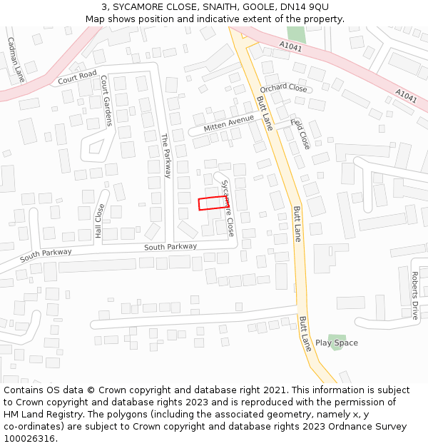 3, SYCAMORE CLOSE, SNAITH, GOOLE, DN14 9QU: Location map and indicative extent of plot