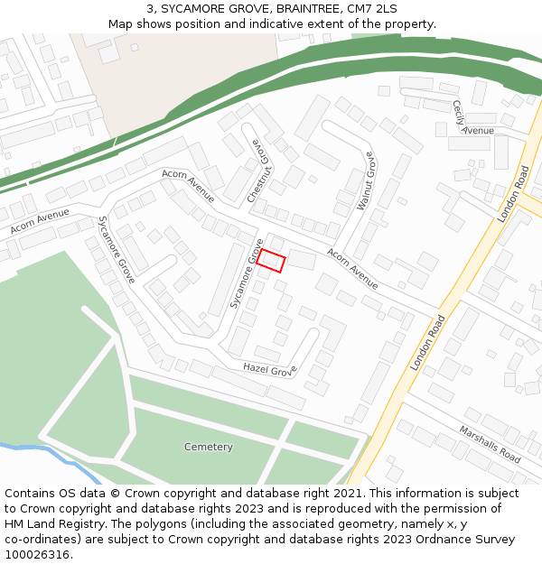 3, SYCAMORE GROVE, BRAINTREE, CM7 2LS: Location map and indicative extent of plot