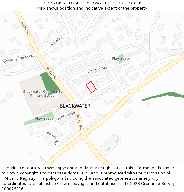 3, SYMONS CLOSE, BLACKWATER, TRURO, TR4 8ER: Location map and indicative extent of plot