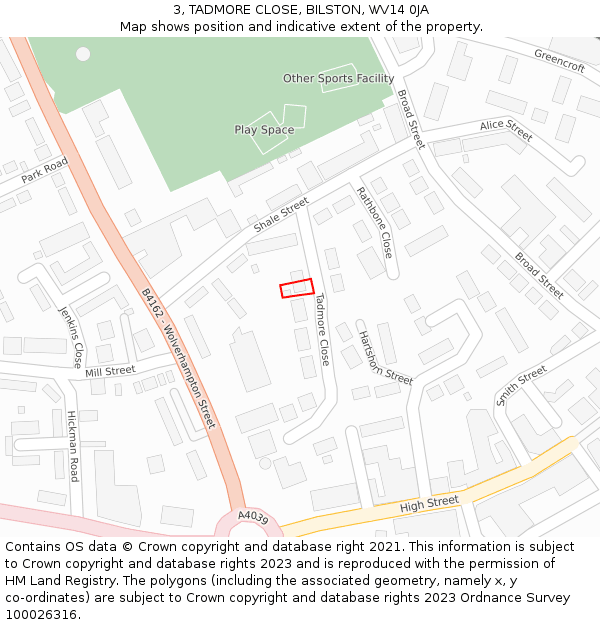 3, TADMORE CLOSE, BILSTON, WV14 0JA: Location map and indicative extent of plot