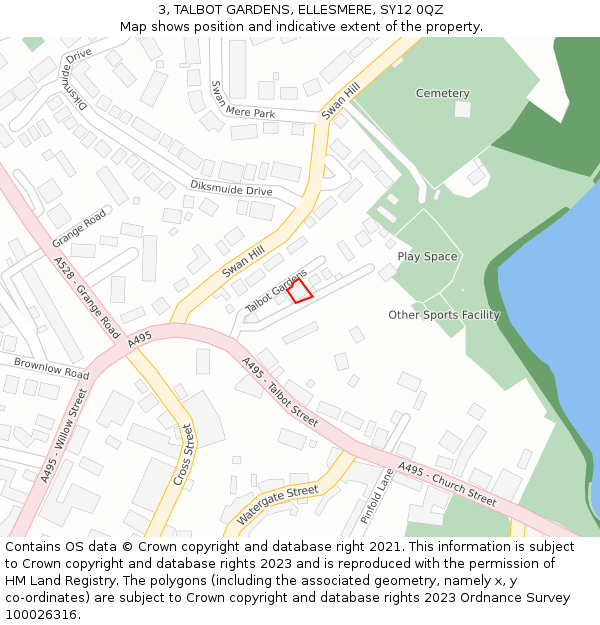 3, TALBOT GARDENS, ELLESMERE, SY12 0QZ: Location map and indicative extent of plot