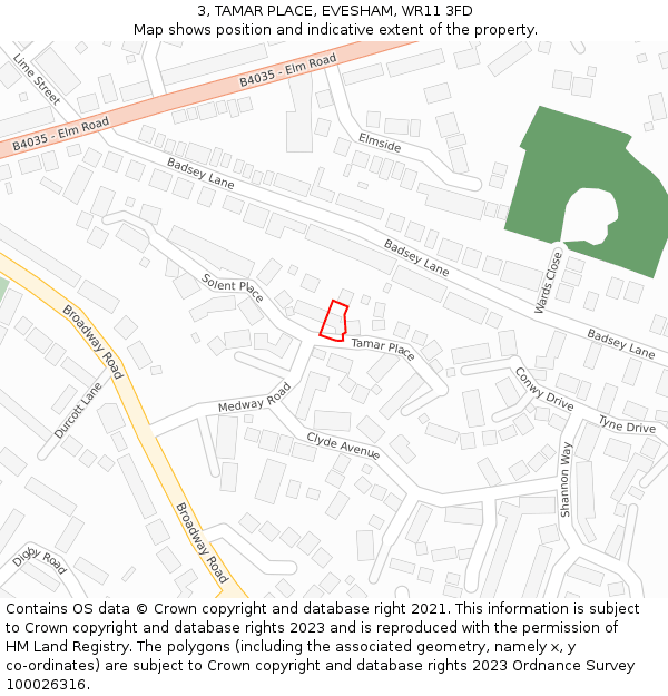 3, TAMAR PLACE, EVESHAM, WR11 3FD: Location map and indicative extent of plot