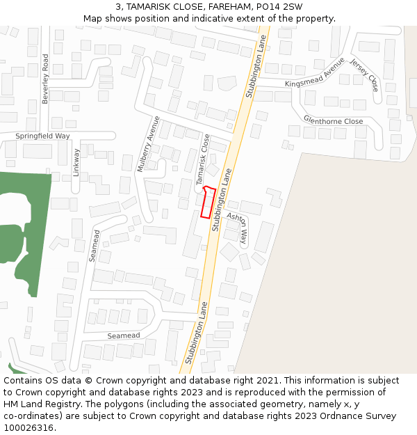 3, TAMARISK CLOSE, FAREHAM, PO14 2SW: Location map and indicative extent of plot