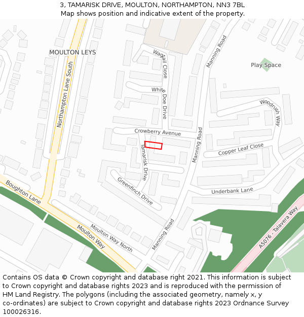3, TAMARISK DRIVE, MOULTON, NORTHAMPTON, NN3 7BL: Location map and indicative extent of plot