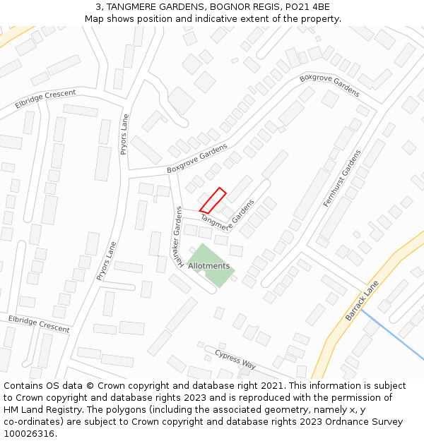 3, TANGMERE GARDENS, BOGNOR REGIS, PO21 4BE: Location map and indicative extent of plot