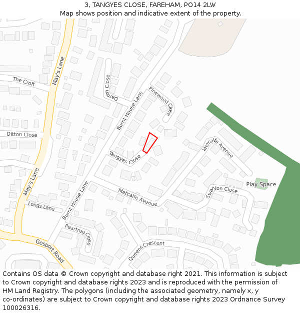 3, TANGYES CLOSE, FAREHAM, PO14 2LW: Location map and indicative extent of plot