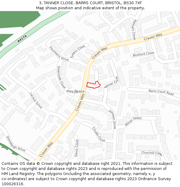 3, TANNER CLOSE, BARRS COURT, BRISTOL, BS30 7XF: Location map and indicative extent of plot