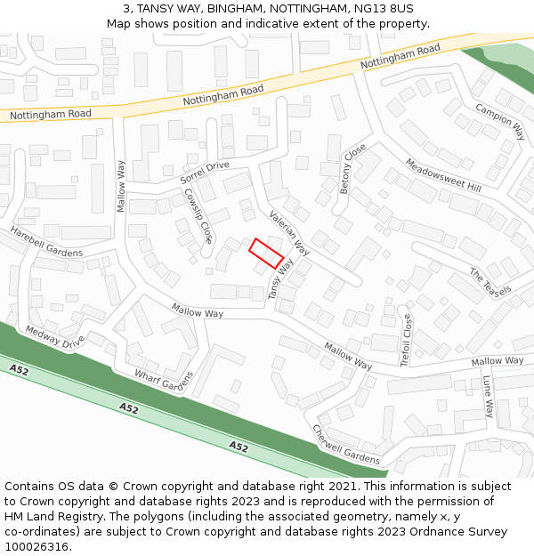 3, TANSY WAY, BINGHAM, NOTTINGHAM, NG13 8US: Location map and indicative extent of plot