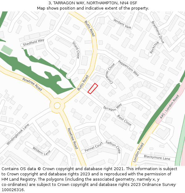 3, TARRAGON WAY, NORTHAMPTON, NN4 0SF: Location map and indicative extent of plot