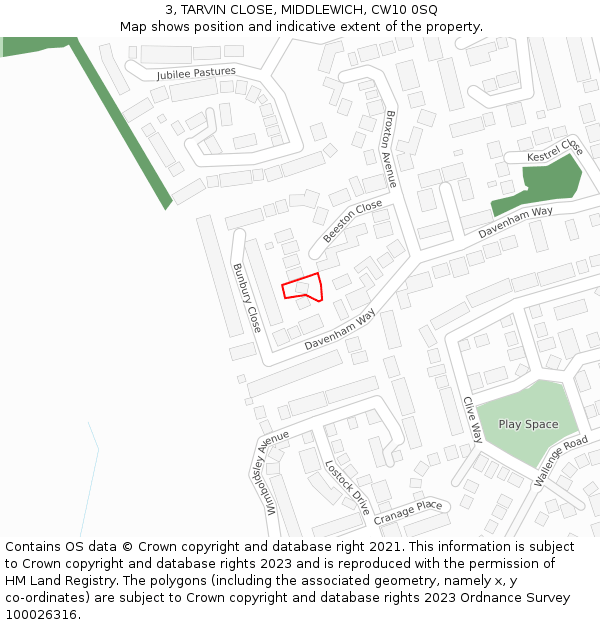 3, TARVIN CLOSE, MIDDLEWICH, CW10 0SQ: Location map and indicative extent of plot
