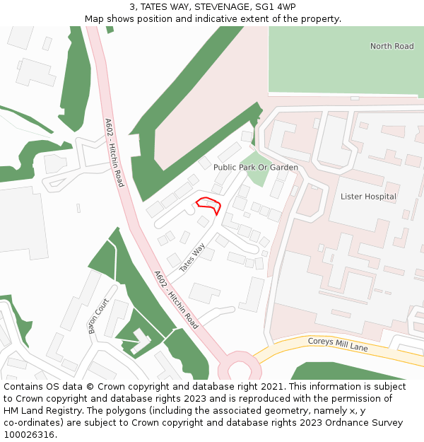 3, TATES WAY, STEVENAGE, SG1 4WP: Location map and indicative extent of plot