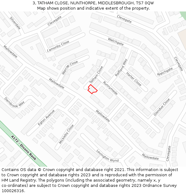 3, TATHAM CLOSE, NUNTHORPE, MIDDLESBROUGH, TS7 0QW: Location map and indicative extent of plot
