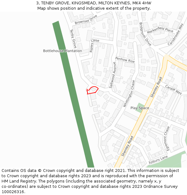 3, TENBY GROVE, KINGSMEAD, MILTON KEYNES, MK4 4HW: Location map and indicative extent of plot