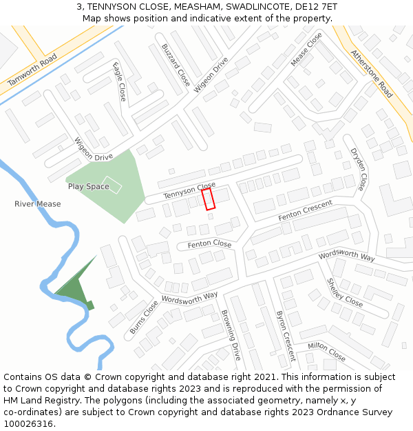 3, TENNYSON CLOSE, MEASHAM, SWADLINCOTE, DE12 7ET: Location map and indicative extent of plot