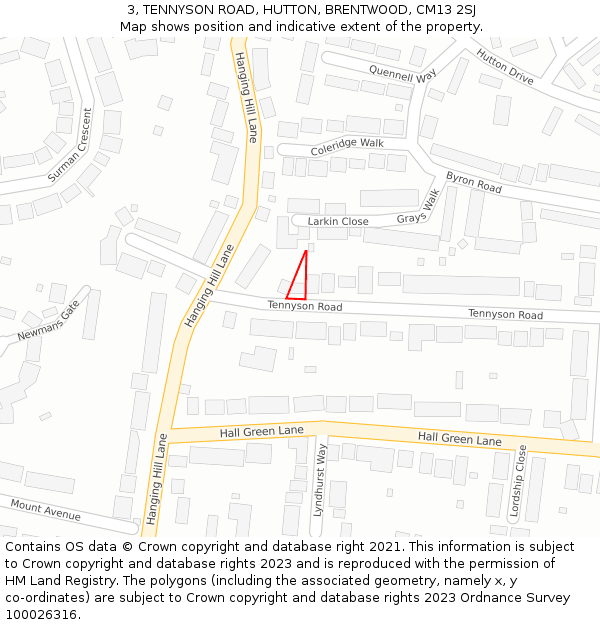 3, TENNYSON ROAD, HUTTON, BRENTWOOD, CM13 2SJ: Location map and indicative extent of plot