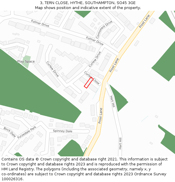 3, TERN CLOSE, HYTHE, SOUTHAMPTON, SO45 3GE: Location map and indicative extent of plot