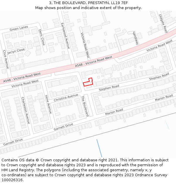 3, THE BOULEVARD, PRESTATYN, LL19 7EF: Location map and indicative extent of plot