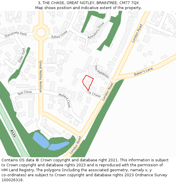 3, THE CHASE, GREAT NOTLEY, BRAINTREE, CM77 7QX: Location map and indicative extent of plot