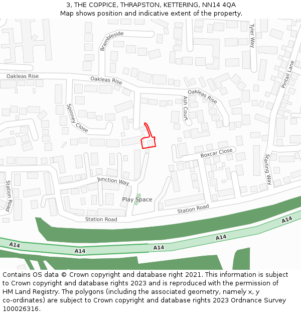 3, THE COPPICE, THRAPSTON, KETTERING, NN14 4QA: Location map and indicative extent of plot