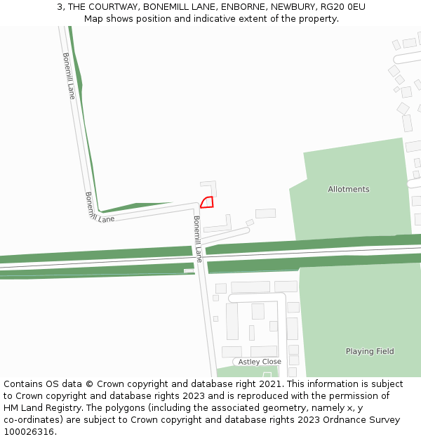 3, THE COURTWAY, BONEMILL LANE, ENBORNE, NEWBURY, RG20 0EU: Location map and indicative extent of plot