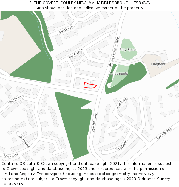 3, THE COVERT, COULBY NEWHAM, MIDDLESBROUGH, TS8 0WN: Location map and indicative extent of plot