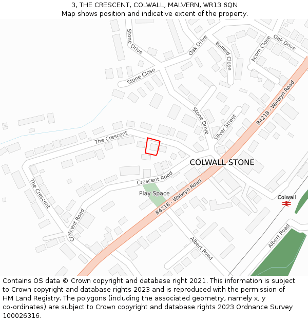 3, THE CRESCENT, COLWALL, MALVERN, WR13 6QN: Location map and indicative extent of plot