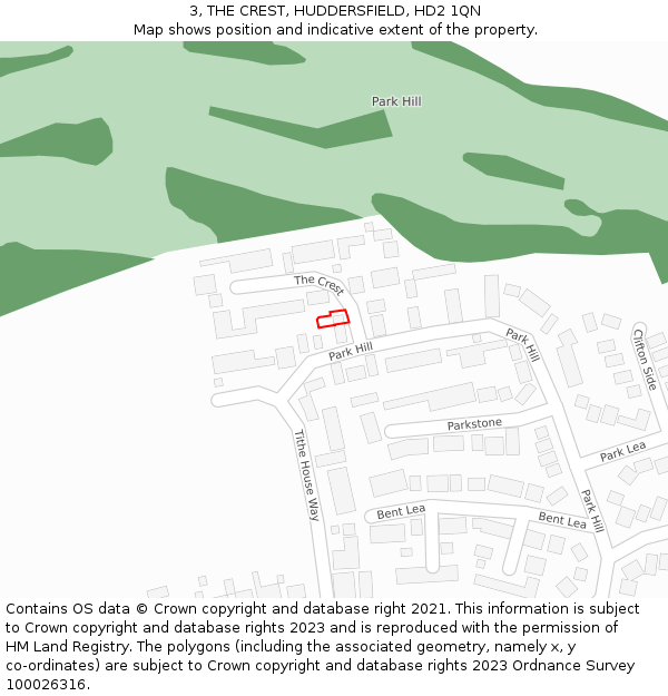 3, THE CREST, HUDDERSFIELD, HD2 1QN: Location map and indicative extent of plot