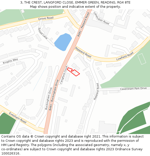 3, THE CREST, LANGFORD CLOSE, EMMER GREEN, READING, RG4 8TE: Location map and indicative extent of plot