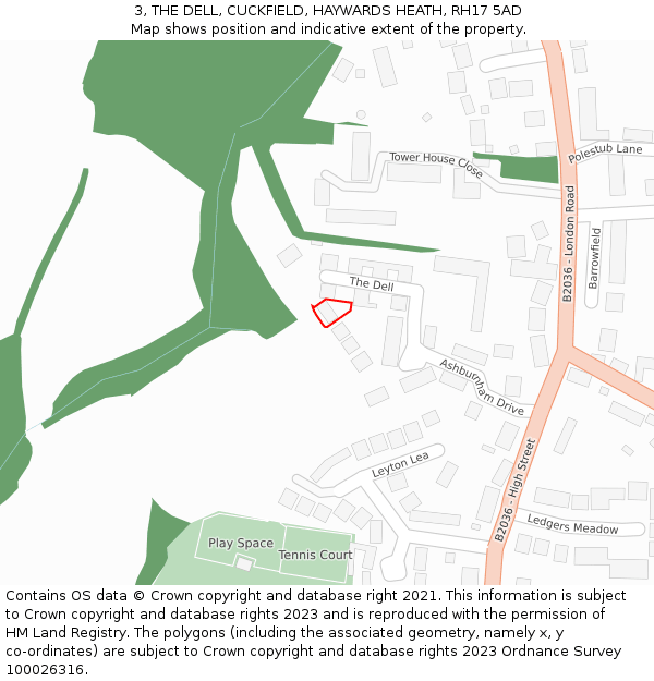 3, THE DELL, CUCKFIELD, HAYWARDS HEATH, RH17 5AD: Location map and indicative extent of plot