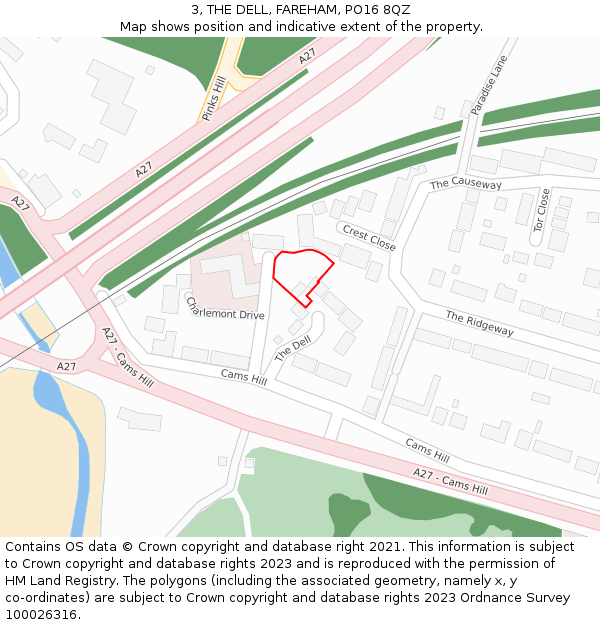 3, THE DELL, FAREHAM, PO16 8QZ: Location map and indicative extent of plot