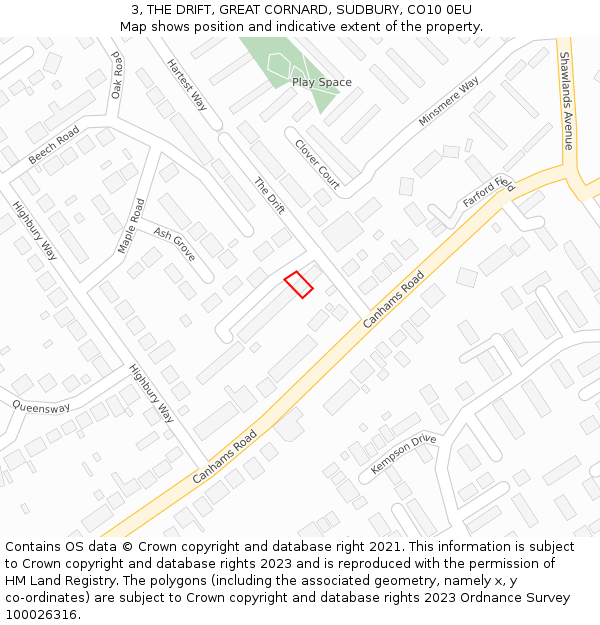 3, THE DRIFT, GREAT CORNARD, SUDBURY, CO10 0EU: Location map and indicative extent of plot