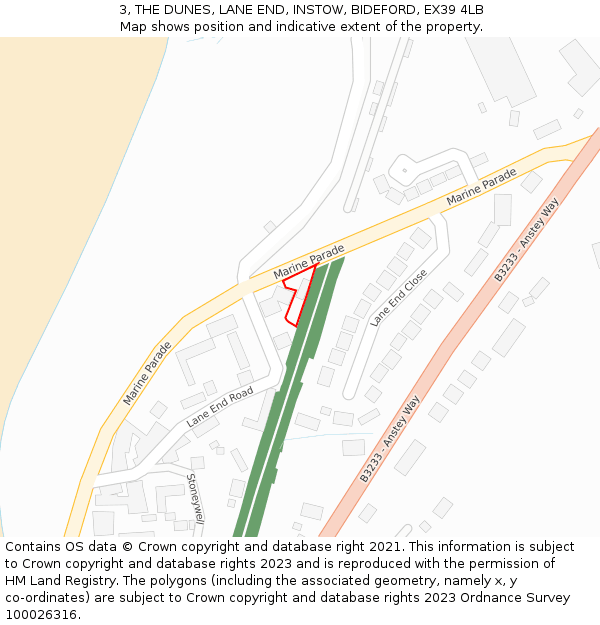 3, THE DUNES, LANE END, INSTOW, BIDEFORD, EX39 4LB: Location map and indicative extent of plot