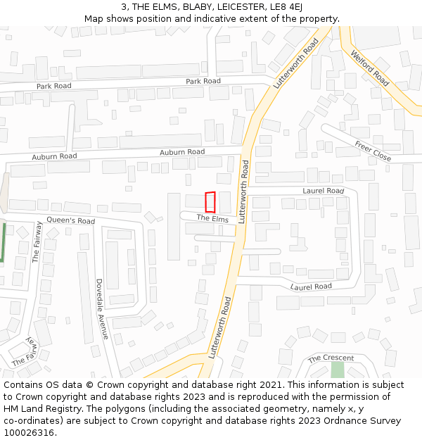 3, THE ELMS, BLABY, LEICESTER, LE8 4EJ: Location map and indicative extent of plot