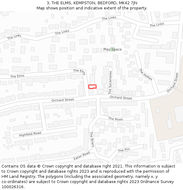 3, THE ELMS, KEMPSTON, BEDFORD, MK42 7JN: Location map and indicative extent of plot