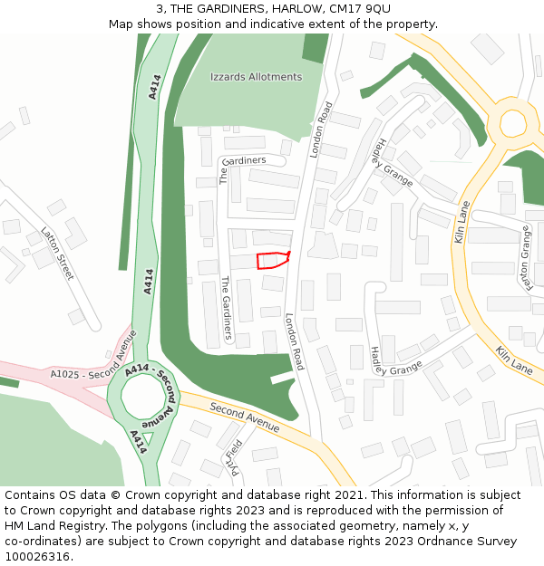 3, THE GARDINERS, HARLOW, CM17 9QU: Location map and indicative extent of plot