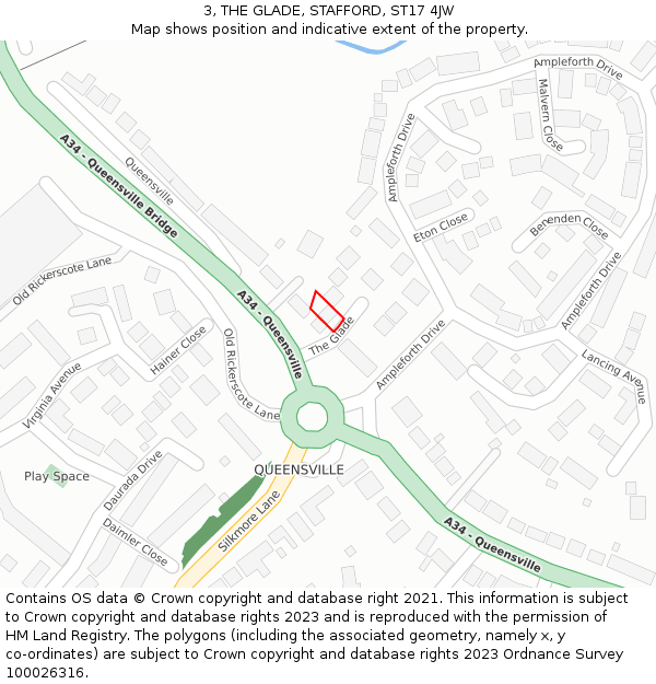 3, THE GLADE, STAFFORD, ST17 4JW: Location map and indicative extent of plot