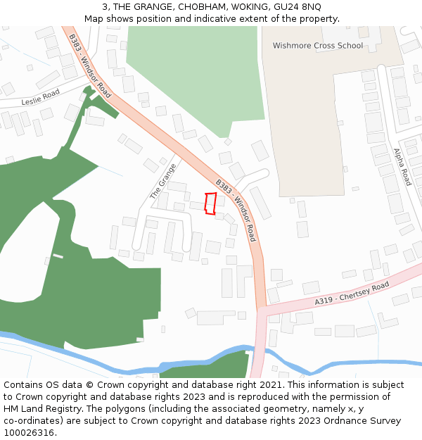 3, THE GRANGE, CHOBHAM, WOKING, GU24 8NQ: Location map and indicative extent of plot