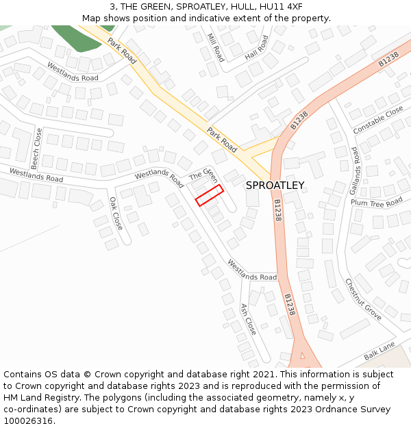 3, THE GREEN, SPROATLEY, HULL, HU11 4XF: Location map and indicative extent of plot
