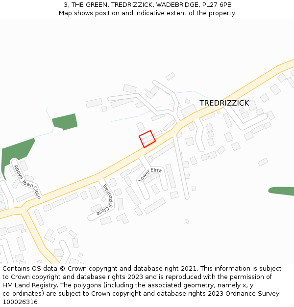 3, THE GREEN, TREDRIZZICK, WADEBRIDGE, PL27 6PB: Location map and indicative extent of plot