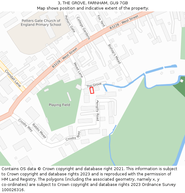 3, THE GROVE, FARNHAM, GU9 7GB: Location map and indicative extent of plot