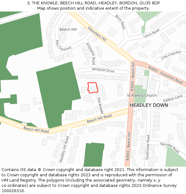 3, THE KNOWLE, BEECH HILL ROAD, HEADLEY, BORDON, GU35 8DP: Location map and indicative extent of plot