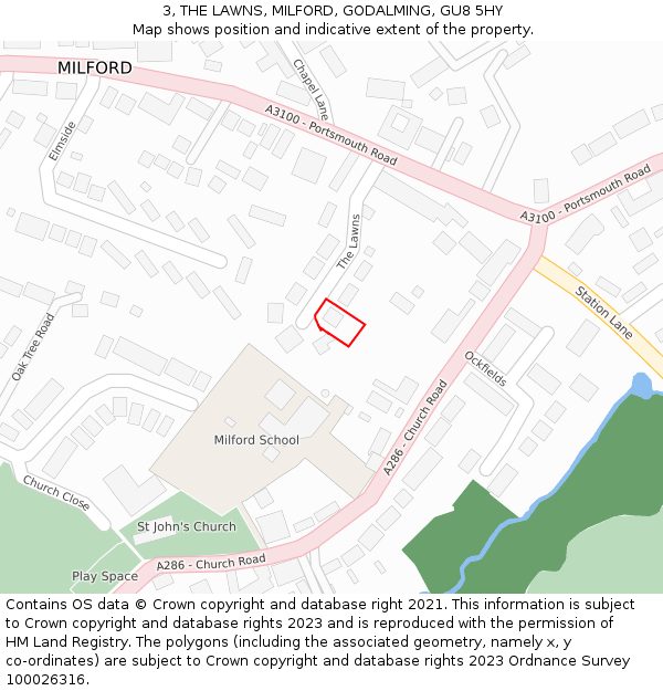 3, THE LAWNS, MILFORD, GODALMING, GU8 5HY: Location map and indicative extent of plot