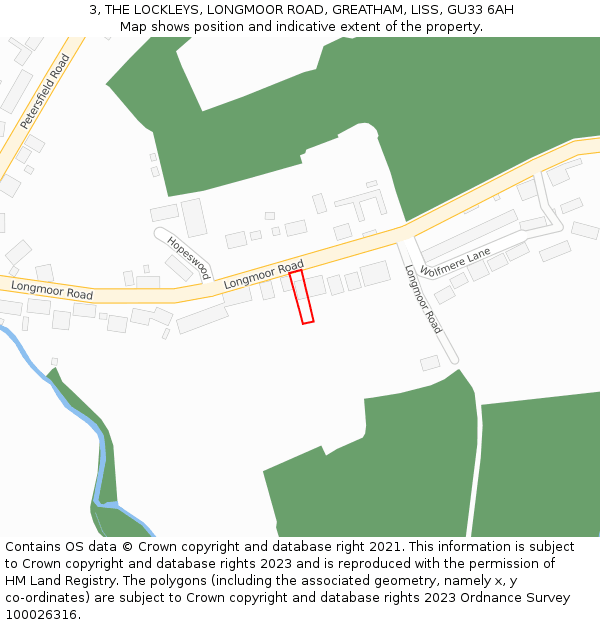 3, THE LOCKLEYS, LONGMOOR ROAD, GREATHAM, LISS, GU33 6AH: Location map and indicative extent of plot